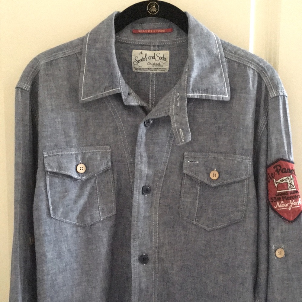 Mens Casual Blue Denim Button-Up Shirt with Red Patch